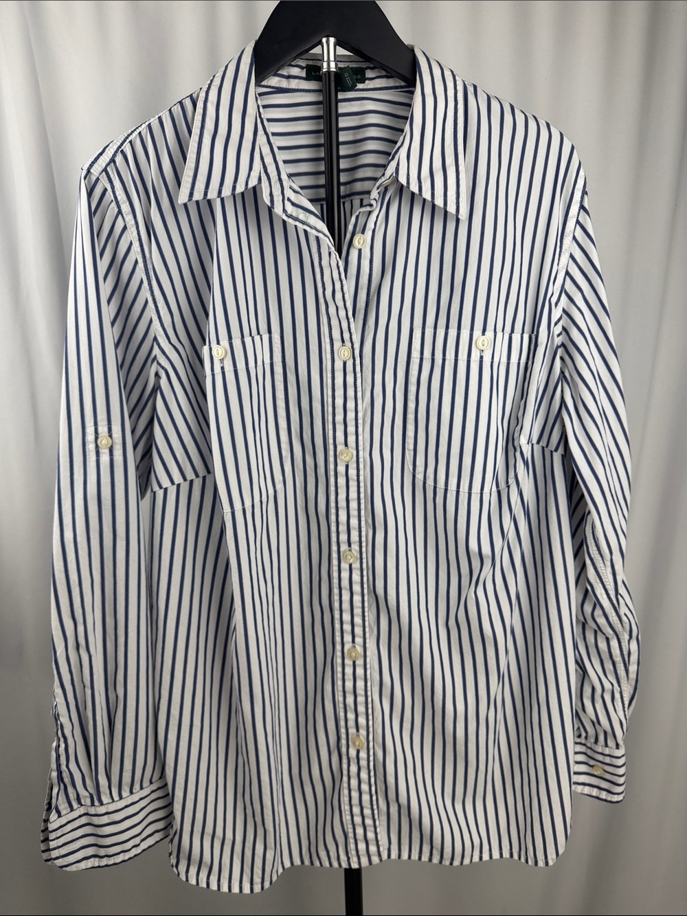 Ralph Lauren White and Navy Striped Button-Down Shirt